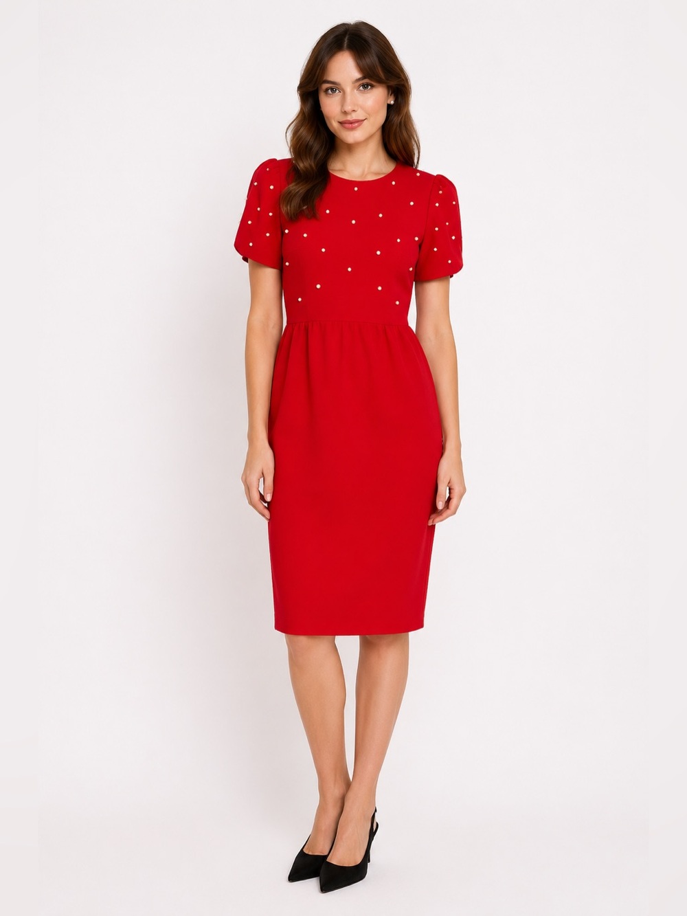 Vintage EXPO Pearl Embellished Red Sheath Dress Size 8 Made USA